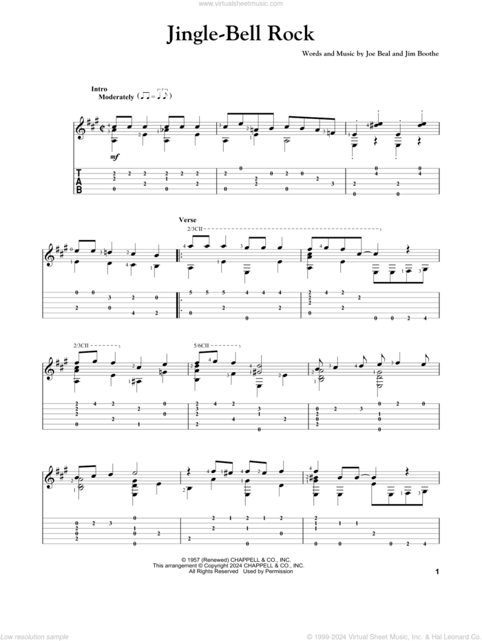 Jingle-Bell Rock, (intermediate) sheet music for guitar solo by Bobby Helms, Jim Boothe and Joe Beal, intermediate skill level