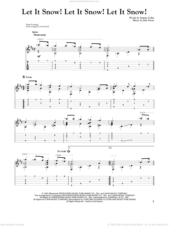 Let It Snow! Let It Snow! Let It Snow! sheet music for guitar solo by Sammy Cahn and Jule Styne, intermediate skill level