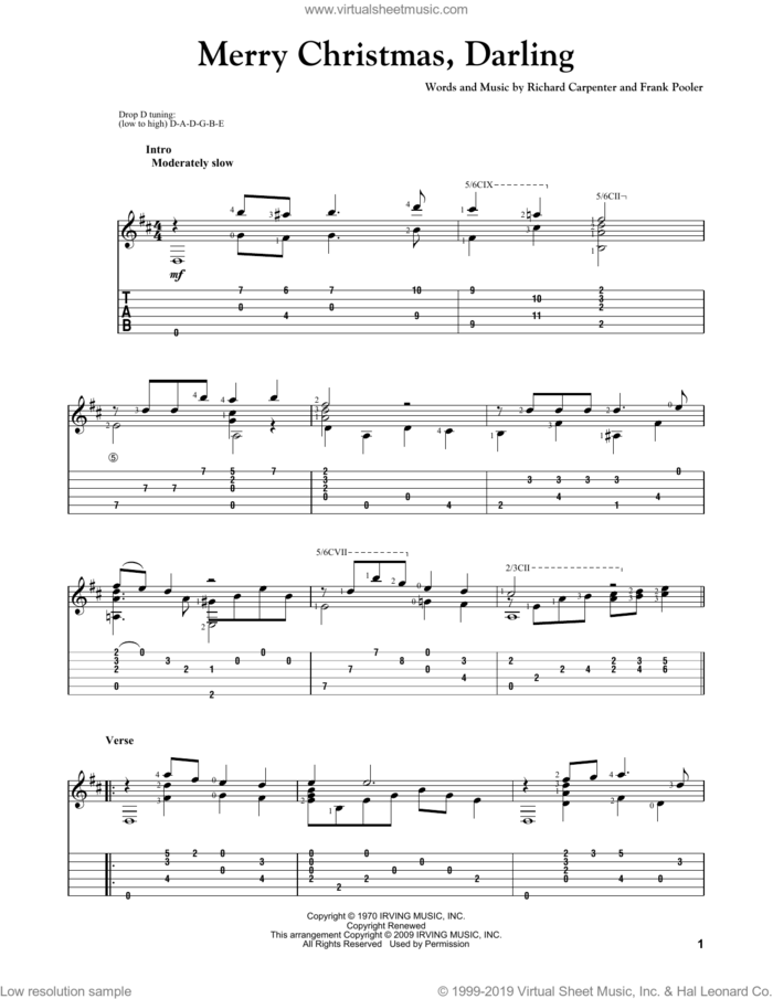 Merry Christmas, Darling sheet music for guitar solo by Carpenters, Frank Pooler and Richard Carpenter, intermediate skill level