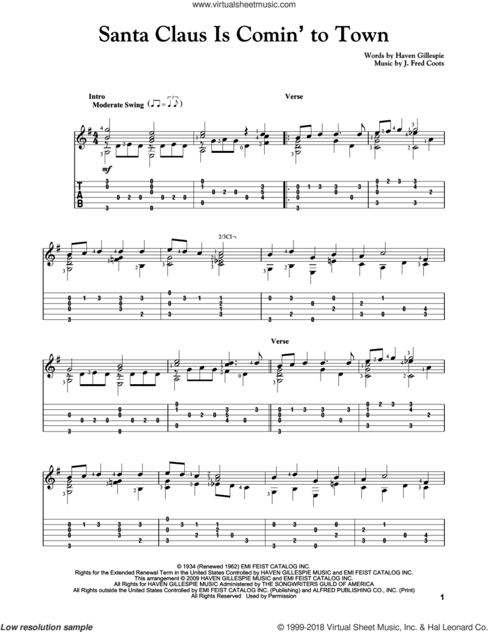 Santa Claus Is Comin' To Town sheet music for guitar solo by J. Fred Coots and Haven Gillespie, intermediate skill level