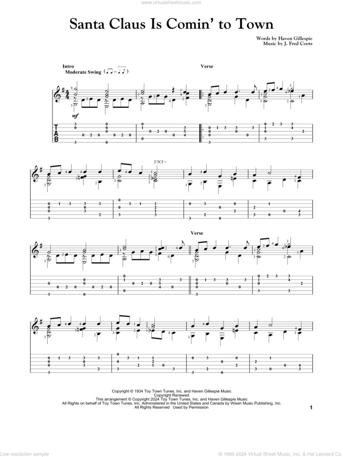 Santa Claus Is Comin' To Town sheet music for guitar solo by J. Fred Coots and Haven Gillespie, intermediate skill level