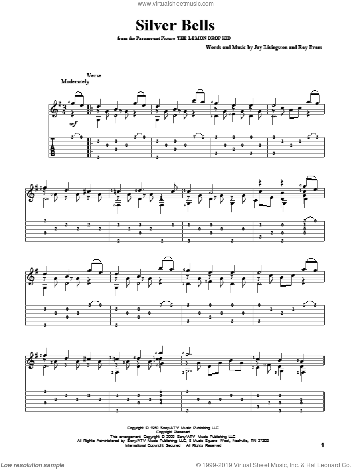 Silver Bells, (intermediate) sheet music for guitar solo by Jay Livingston and Ray Evans, intermediate skill level