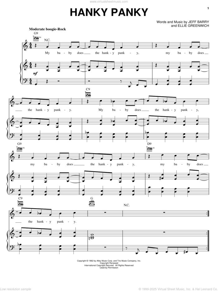 Hanky Panky sheet music for voice, piano or guitar by Tommy James & The Shondells, Ellie Greenwich and Jeff Barry, intermediate skill level