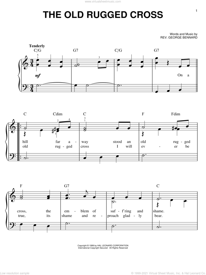 The Old Rugged Cross, (easy) sheet music for piano solo by Rev. George Bennard, easy skill level