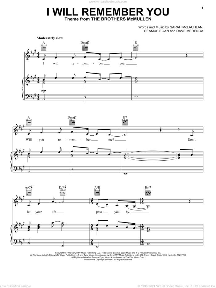 I Will Remember You sheet music for voice, piano or guitar by Sarah McLachlan, Dave Merenda and Seamus Egan, intermediate skill level
