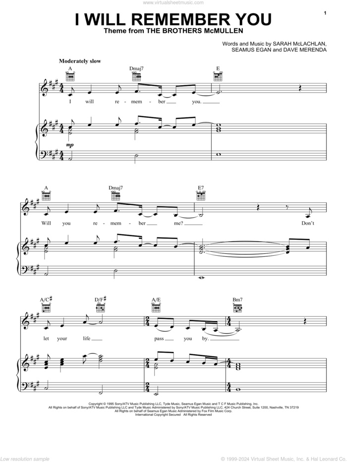 I Will Remember You sheet music for voice, piano or guitar by Sarah McLachlan, Dave Merenda and Seamus Egan, intermediate skill level