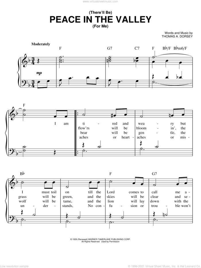 There Will Be Peace In The Valley For Me, (easy) sheet music for piano solo by Elvis Presley and Tommy Dorsey, easy skill level