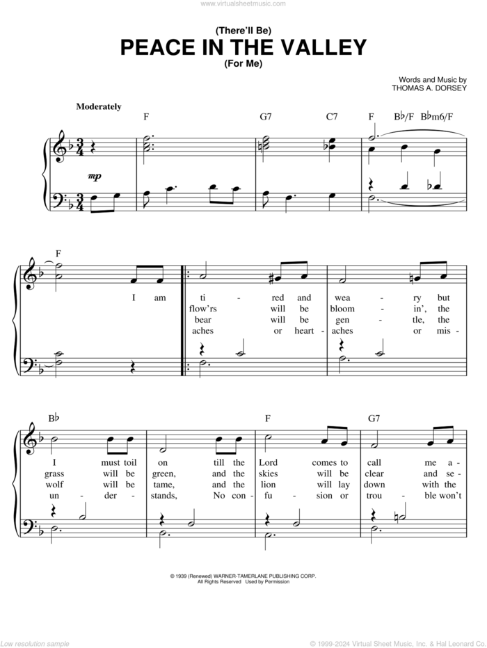 There Will Be Peace In The Valley For Me, (easy) sheet music for piano solo by Elvis Presley and Tommy Dorsey, easy skill level