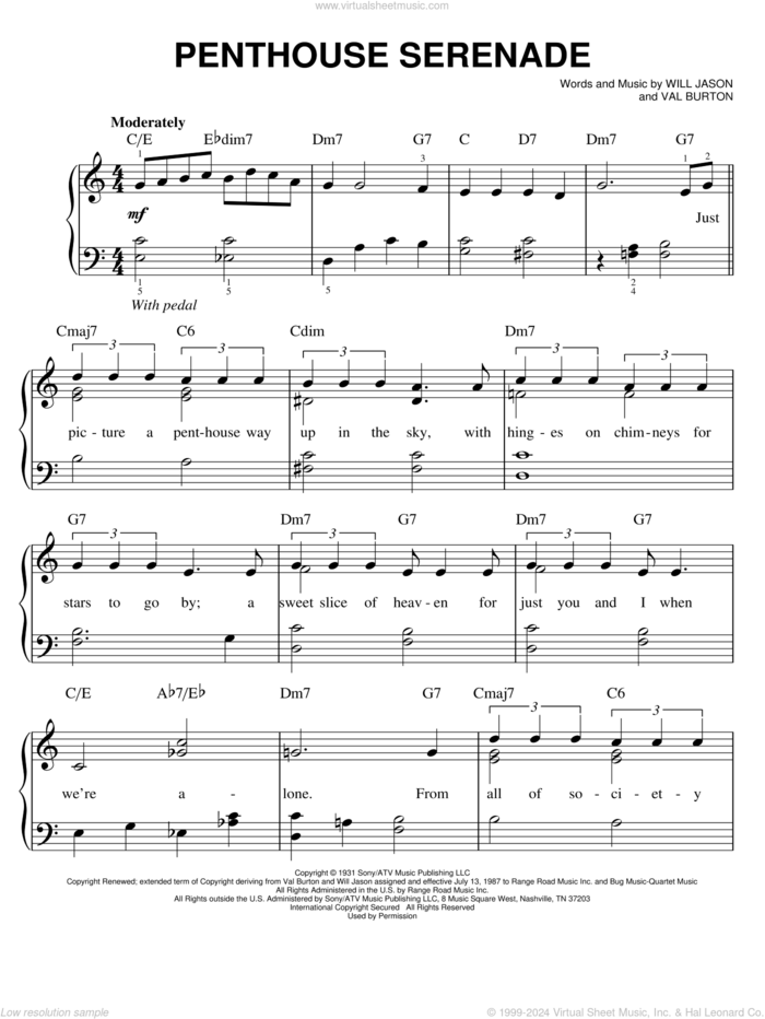 Penthouse Serenade sheet music for piano solo by Nat King Cole, Val Burton and Will Jason, easy skill level