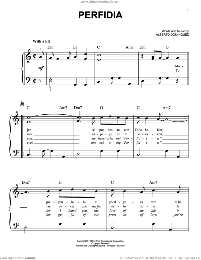 Perfidia sheet music for piano solo by Alberto Dominguez, easy skill level