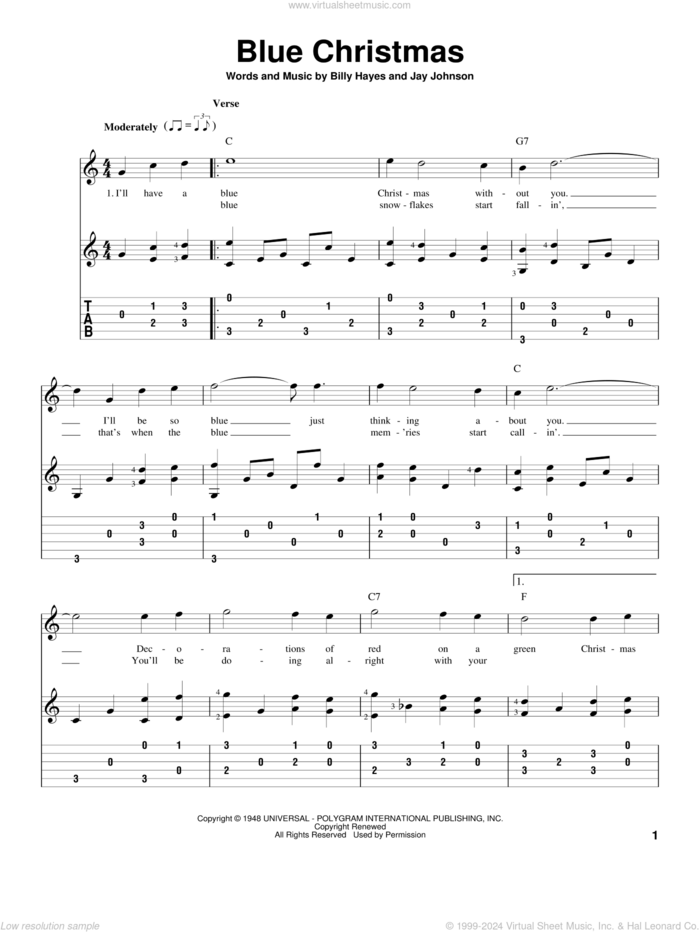 Blue Christmas sheet music for guitar solo by Elvis Presley, Billy Hayes and Jay Johnson, intermediate skill level