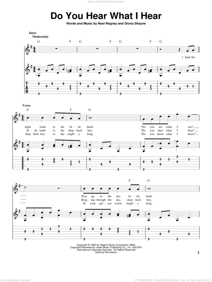 Do You Hear What I Hear, (intermediate) sheet music for guitar solo by Gloria Shayne and Noel Regney, intermediate skill level