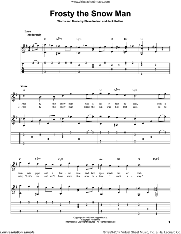 Frosty The Snow Man sheet music for guitar solo by Gene Autry, Jack Rollins and Steve Nelson, intermediate skill level