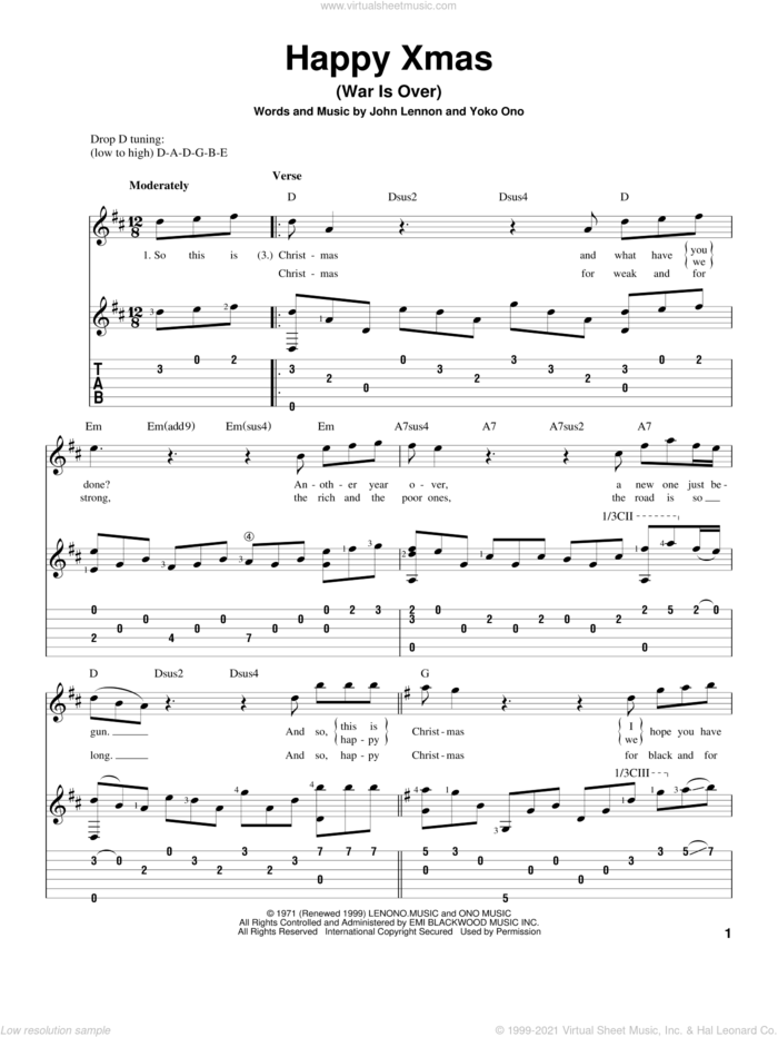 Happy Xmas (War Is Over) sheet music for guitar solo by John Lennon and Yoko Ono, intermediate skill level