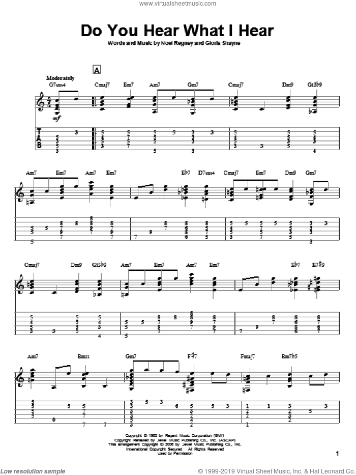 Do You Hear What I Hear sheet music for guitar solo by Gloria Shayne, Jeff Arnold and Noel Regney, intermediate skill level