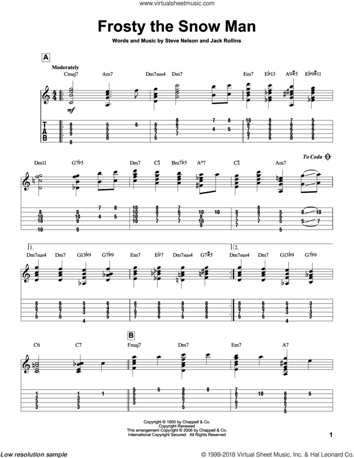 Frosty The Snow Man sheet music for guitar solo by Gene Autry, Jeff Arnold, Jack Rollins and Steve Nelson, intermediate skill level