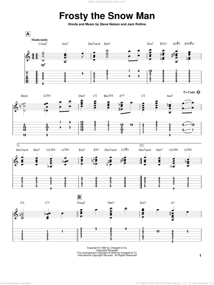 Frosty The Snow Man sheet music for guitar solo by Gene Autry, Jeff Arnold, Jack Rollins and Steve Nelson, intermediate skill level