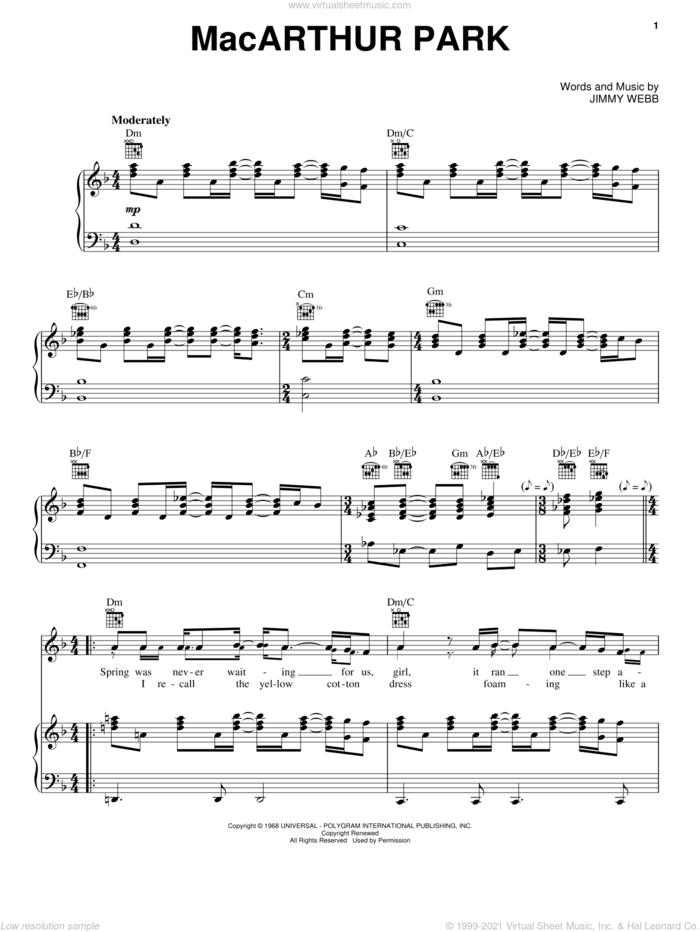 MacArthur Park sheet music for voice, piano or guitar by Donna Summer, Glen Campbell, Richard Harris, The Four Tops, Waylon Jennings and Jimmy Webb, intermediate skill level