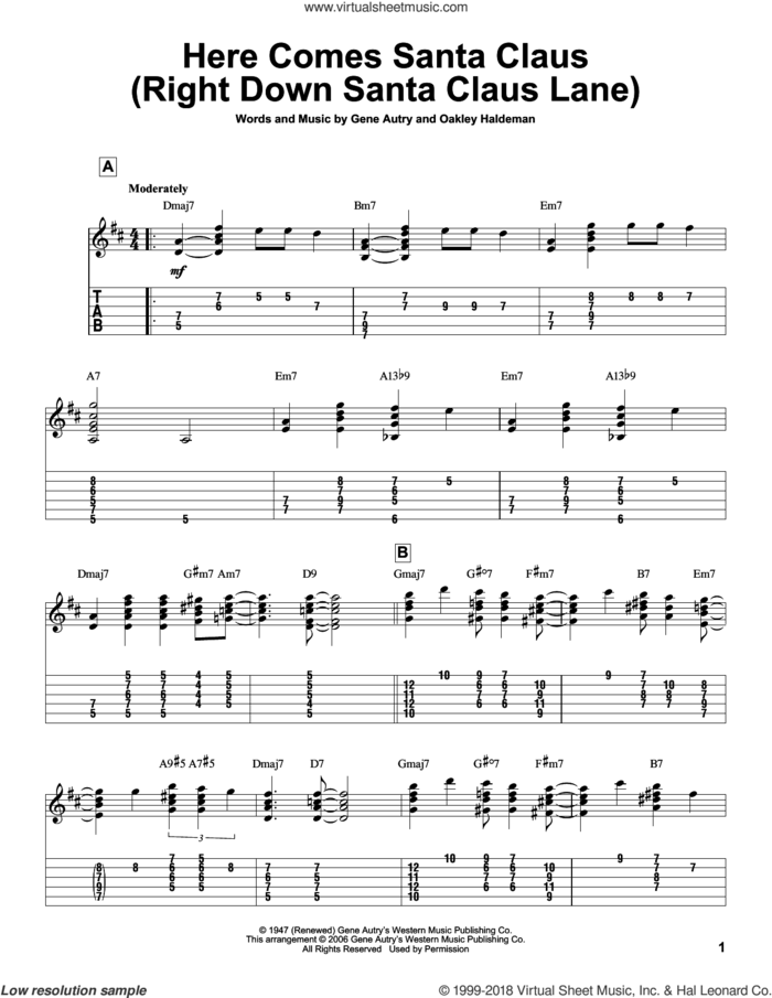 Here Comes Santa Claus (Right Down Santa Claus Lane), (intermediate) (Right Down Santa Claus Lane) sheet music for guitar solo by Gene Autry, Jeff Arnold and Oakley Haldeman, intermediate skill level