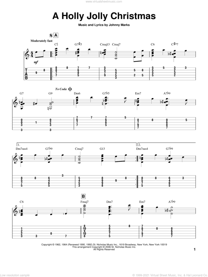A Holly Jolly Christmas sheet music for guitar solo by Johnny Marks and Jeff Arnold, intermediate skill level