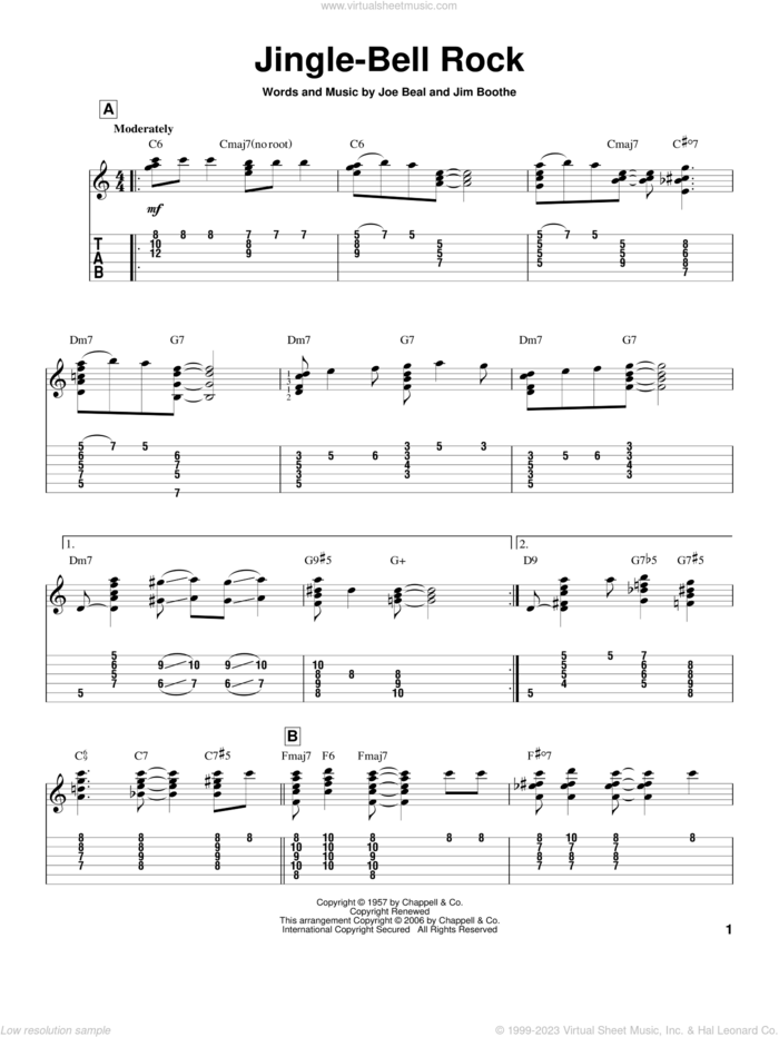 Jingle-Bell Rock sheet music for guitar solo by Bobby Helms, Jeff Arnold, Jim Boothe and Joe Beal, intermediate skill level