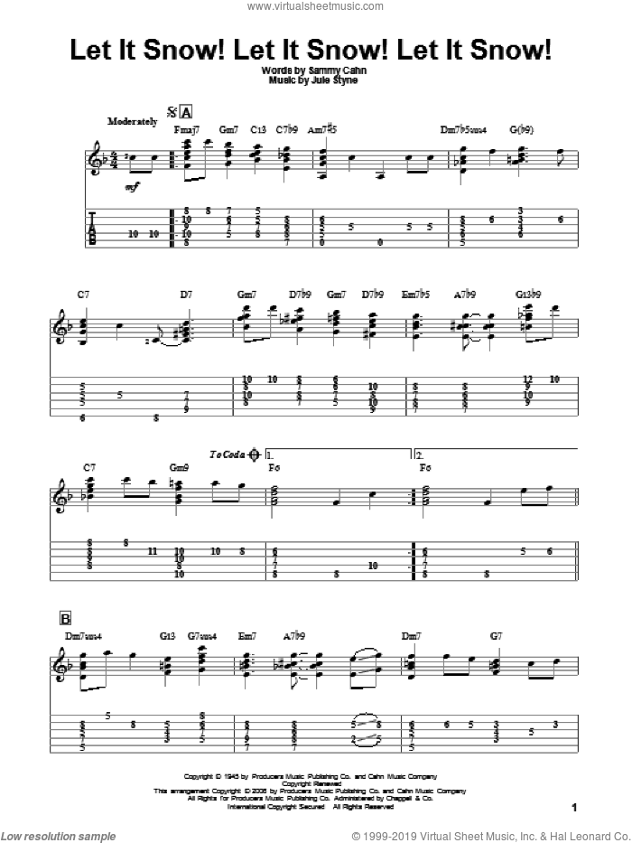 Let It Snow! Let It Snow! Let It Snow! sheet music for guitar solo by Sammy Cahn, Jeff Arnold and Jule Styne, intermediate skill level