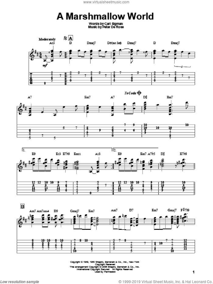 A Marshmallow World sheet music for guitar solo by Bing Crosby, Jeff Arnold, Carl Sigman and Peter DeRose, intermediate skill level