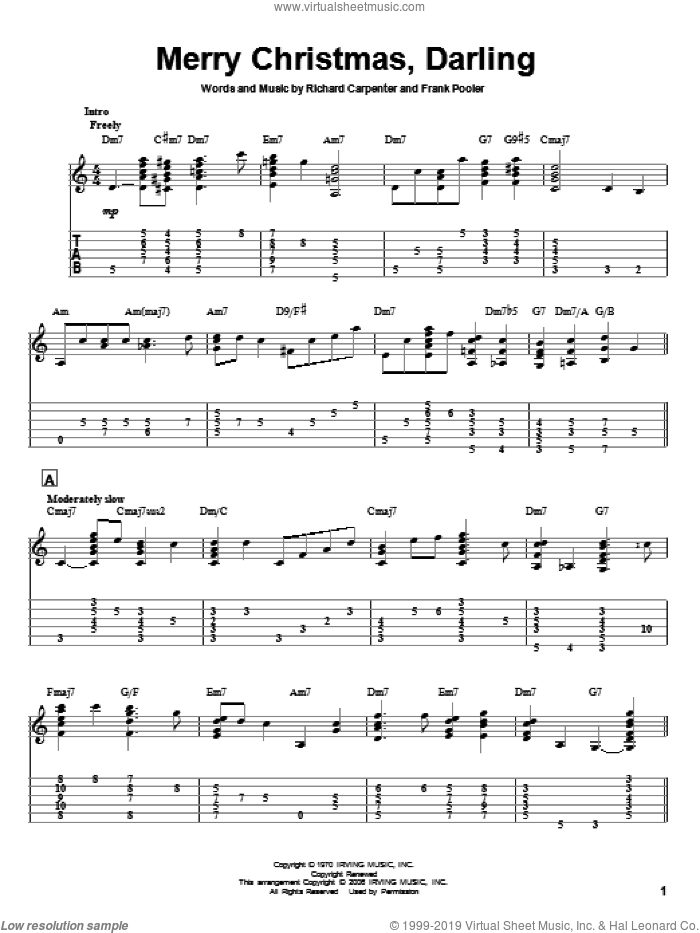 Merry Christmas, Darling sheet music for guitar solo by Carpenters, Jeff Arnold, Frank Pooler and Richard Carpenter, intermediate skill level