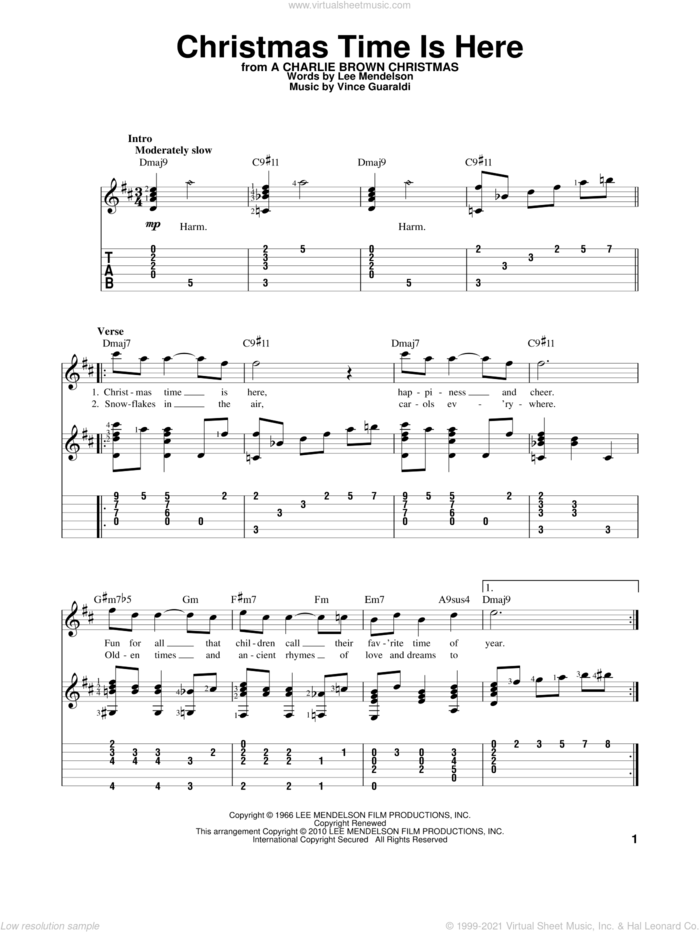 Christmas Time Is Here, (intermediate) sheet music for guitar solo by Vince Guaraldi and Lee Mendelson, intermediate skill level