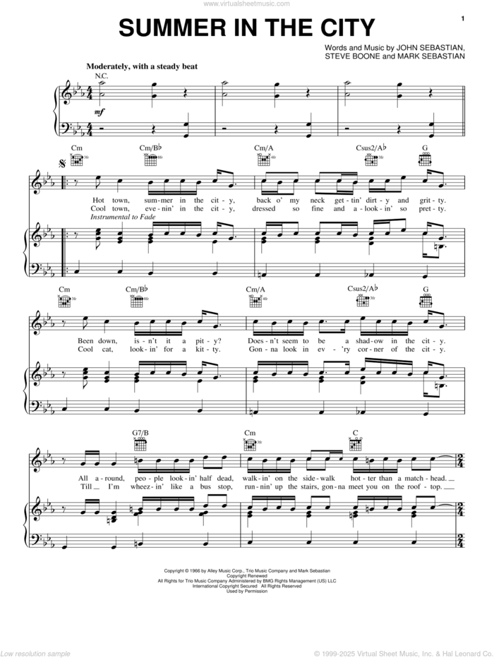 Summer In The City sheet music for voice, piano or guitar by The Lovin' Spoonful, Joe Cocker, John Sebastian, Mark Sebastian and Steve Boone, intermediate skill level