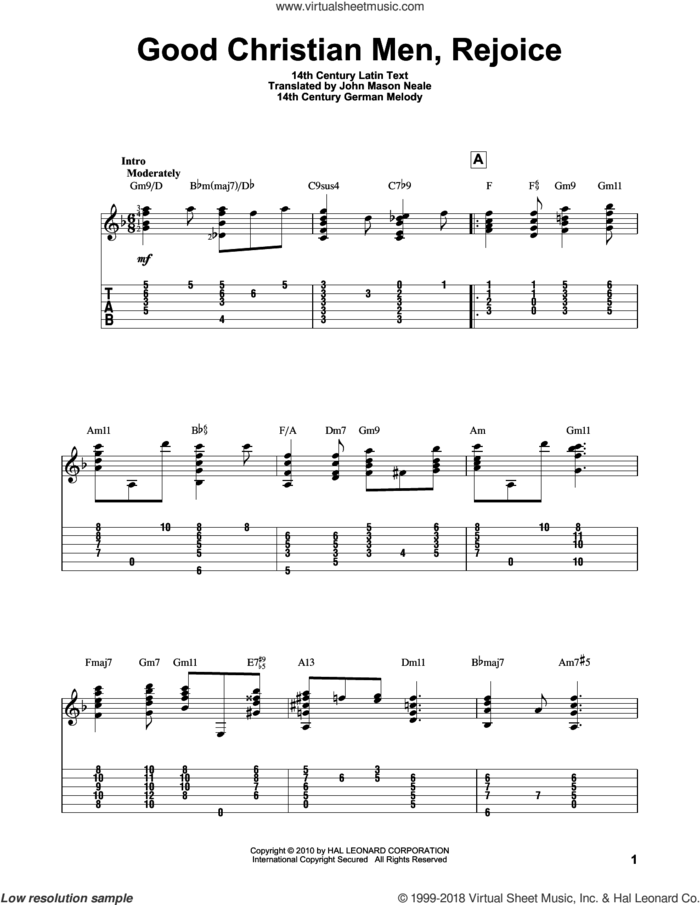 Good Christian Men, Rejoice sheet music for guitar solo by John Mason Neale and 14th Century German Melody, intermediate skill level