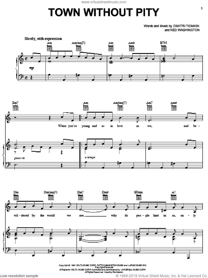 Town Without Pity sheet music for voice, piano or guitar by Gene Pitney, Dimitri Tiomkin and Ned Washington, intermediate skill level