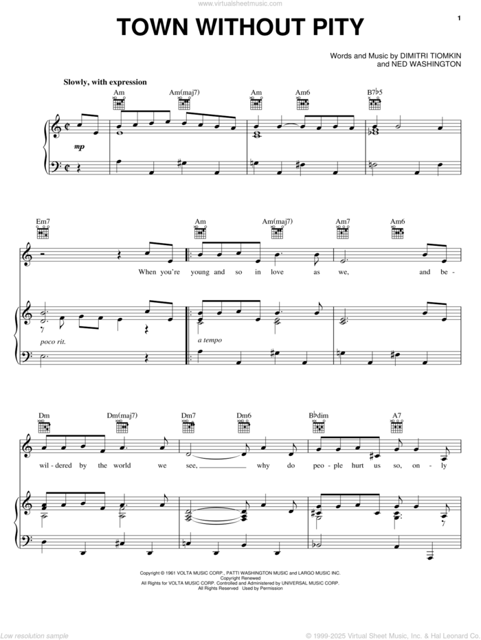 Town Without Pity sheet music for voice, piano or guitar by Gene Pitney, Dimitri Tiomkin and Ned Washington, intermediate skill level