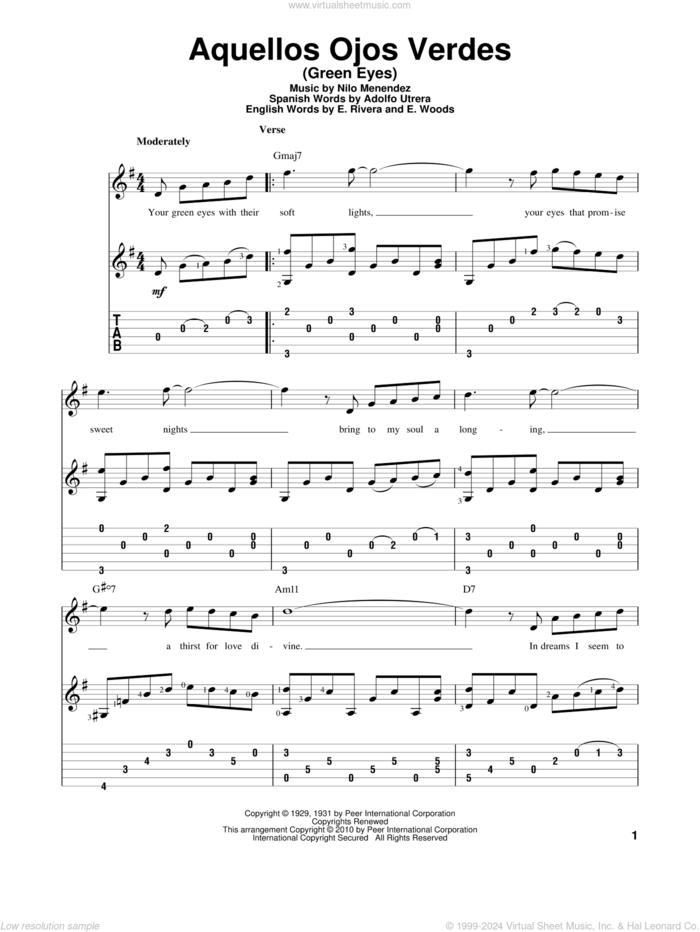 Aquellos Ojos Verdes (Green Eyes) sheet music for guitar solo by Nilo Menendez, Jimmy Dorsey, Adolfo Utrera, E. Rivera and E. Woods, intermediate skill level