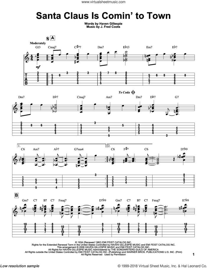 Santa Claus Is Comin' To Town sheet music for guitar solo by J. Fred Coots, Jeff Arnold and Haven Gillespie, intermediate skill level