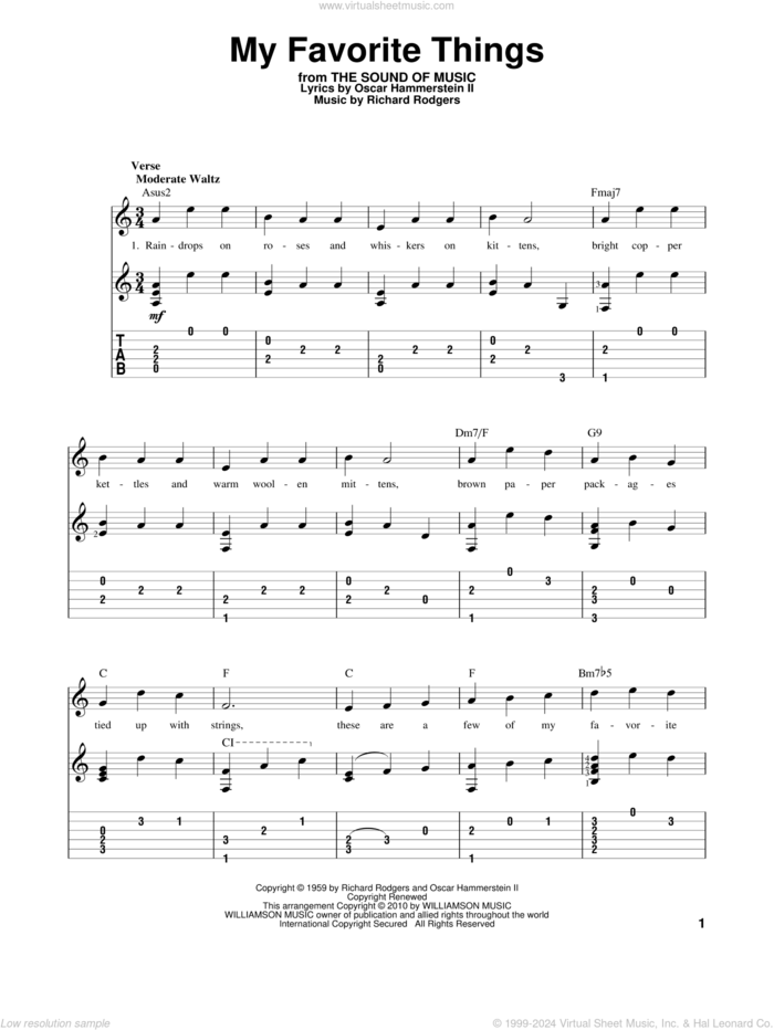 My Favorite Things sheet music for guitar solo by Rodgers & Hammerstein, The Sound Of Music (Musical), Oscar II Hammerstein and Richard Rodgers, intermediate skill level