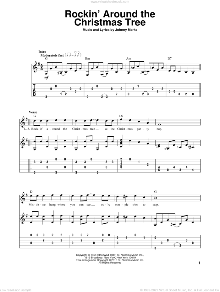 Rockin' Around The Christmas Tree sheet music for guitar solo by Brenda Lee and Johnny Marks, intermediate skill level