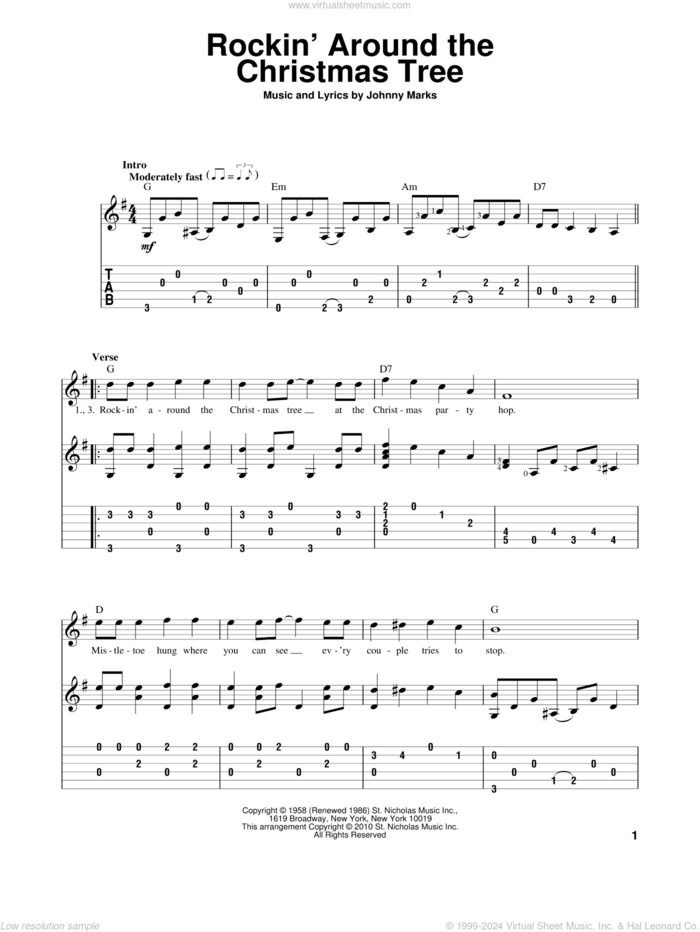 Rockin' Around The Christmas Tree sheet music for guitar solo by Brenda Lee and Johnny Marks, intermediate skill level