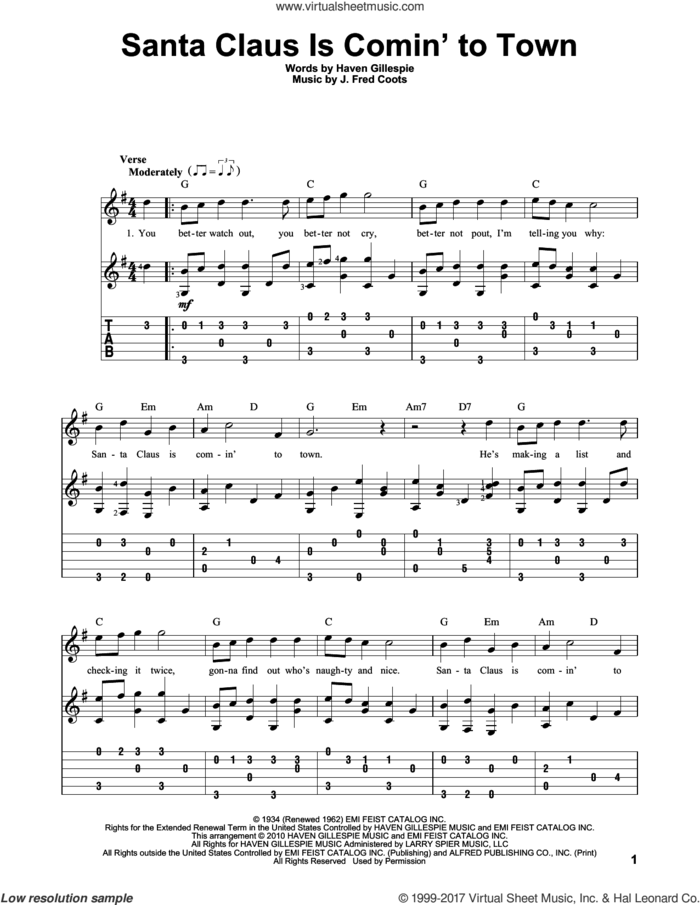 Santa Claus Is Comin' To Town sheet music for guitar solo by J. Fred Coots and Haven Gillespie, intermediate skill level