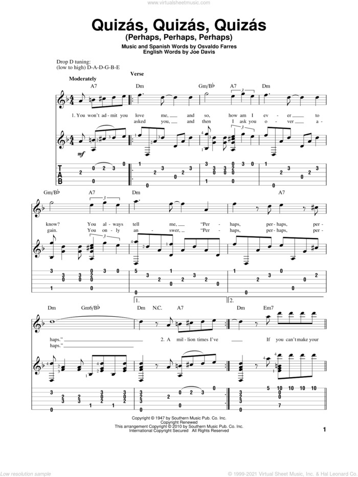 Quizas, Quizas, Quizas (Perhaps, Perhaps, Perhaps) sheet music for guitar solo by Osvaldo Farres and Joe Davis, intermediate skill level