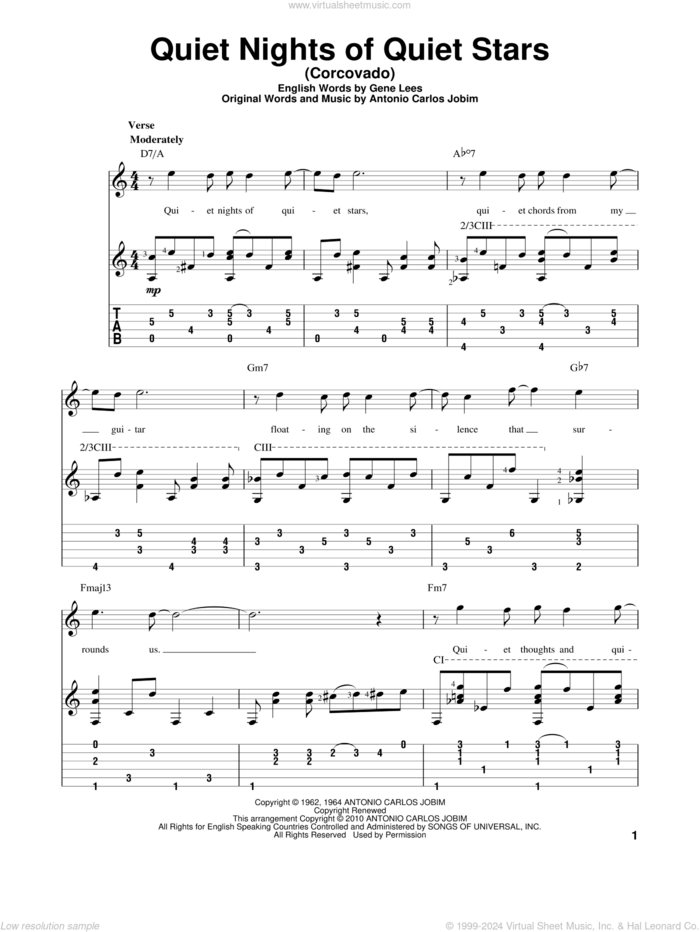 Quiet Nights Of Quiet Stars (Corcovado) sheet music for guitar solo by Antonio Carlos Jobim, Andy Williams and Eugene John Lees, intermediate skill level