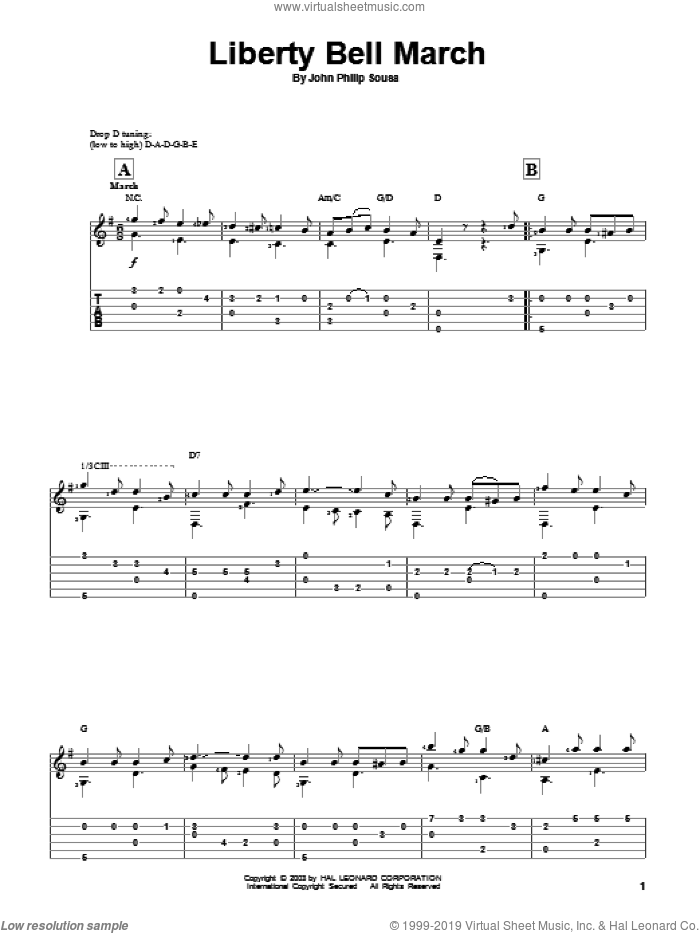 Liberty Bell March sheet music for guitar solo by John Philip Sousa, classical score, intermediate skill level