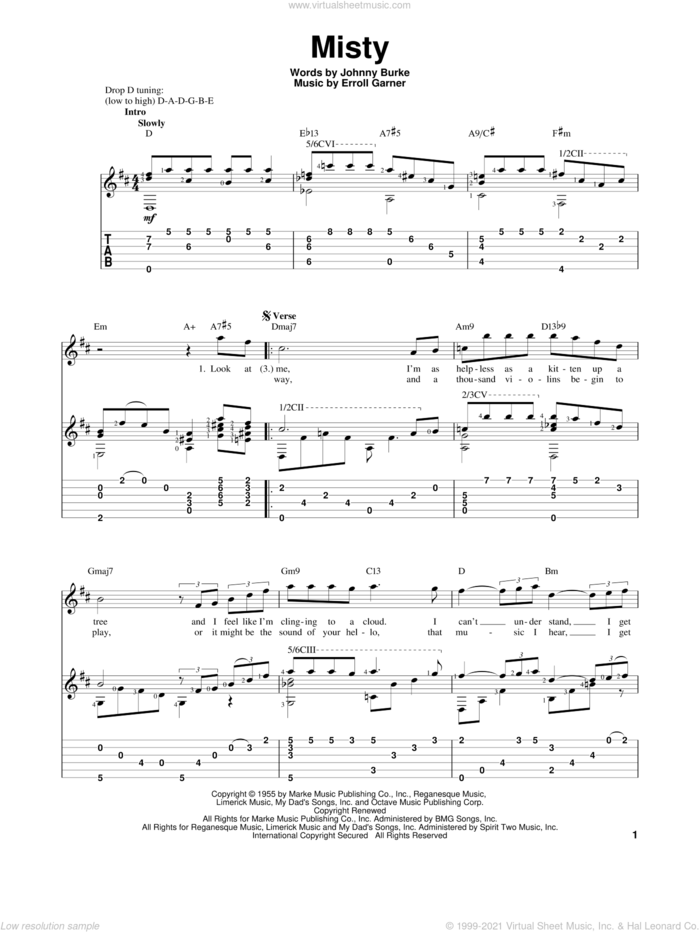 Misty sheet music for guitar solo by Erroll Garner, Johnny Mathis and John Burke, intermediate skill level