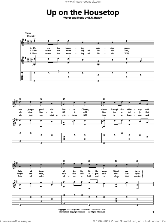 Up On The Housetop sheet music for guitar solo by Benjamin Hanby, intermediate skill level