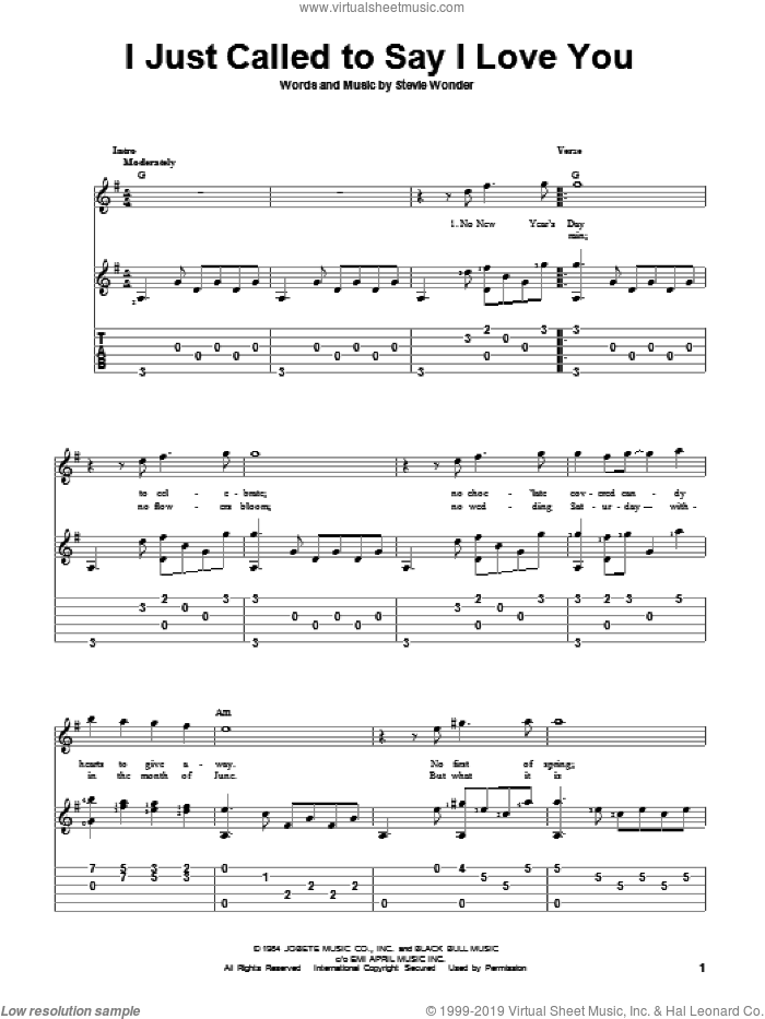 I Just Called To Say I Love You sheet music for guitar solo by Stevie Wonder, intermediate skill level