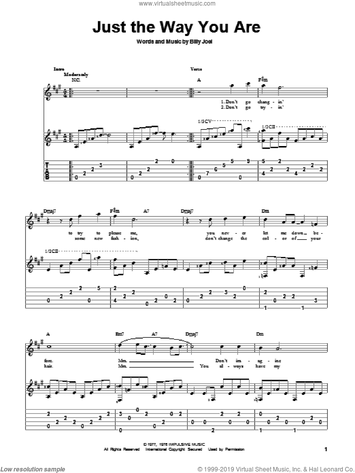 Just The Way You Are sheet music for guitar solo by Billy Joel, wedding score, intermediate skill level