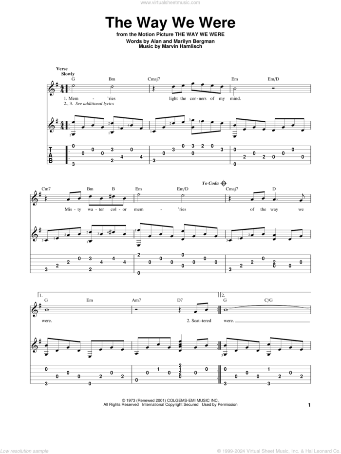 The Way We Were sheet music for guitar solo by Barbra Streisand, Alan Bergman, Marilyn Bergman and Marvin Hamlisch, intermediate skill level