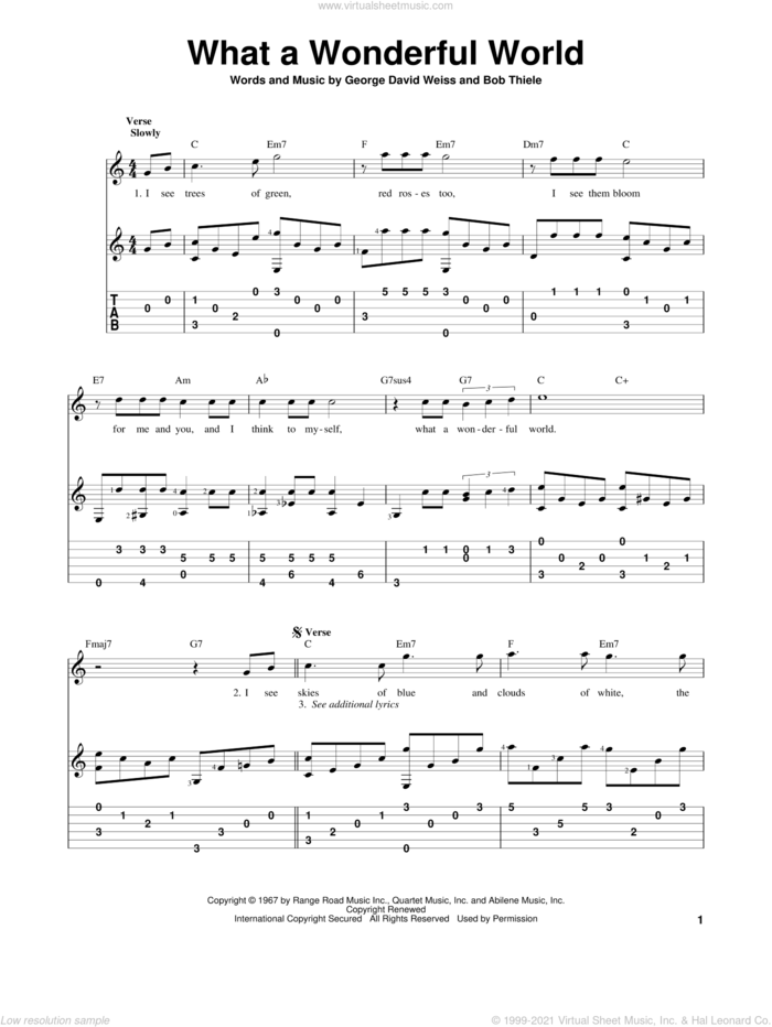 What A Wonderful World sheet music for guitar solo by Louis Armstrong, Bob Thiele and George David Weiss, intermediate skill level