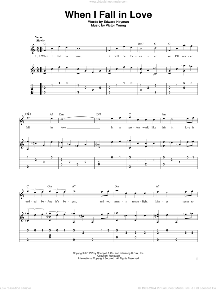 When I Fall In Love sheet music for guitar solo by Victor Young, Carpenters, The Lettermen and Edward Heyman, intermediate skill level