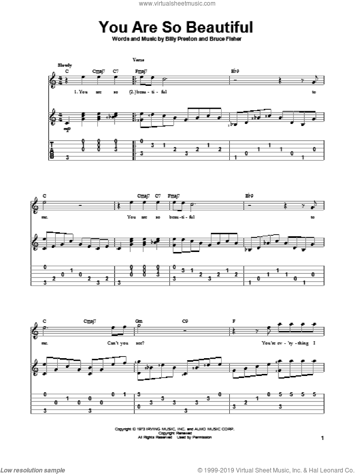 You Are So Beautiful sheet music for guitar solo by Joe Cocker, Billy Preston and Bruce Fisher, wedding score, intermediate skill level